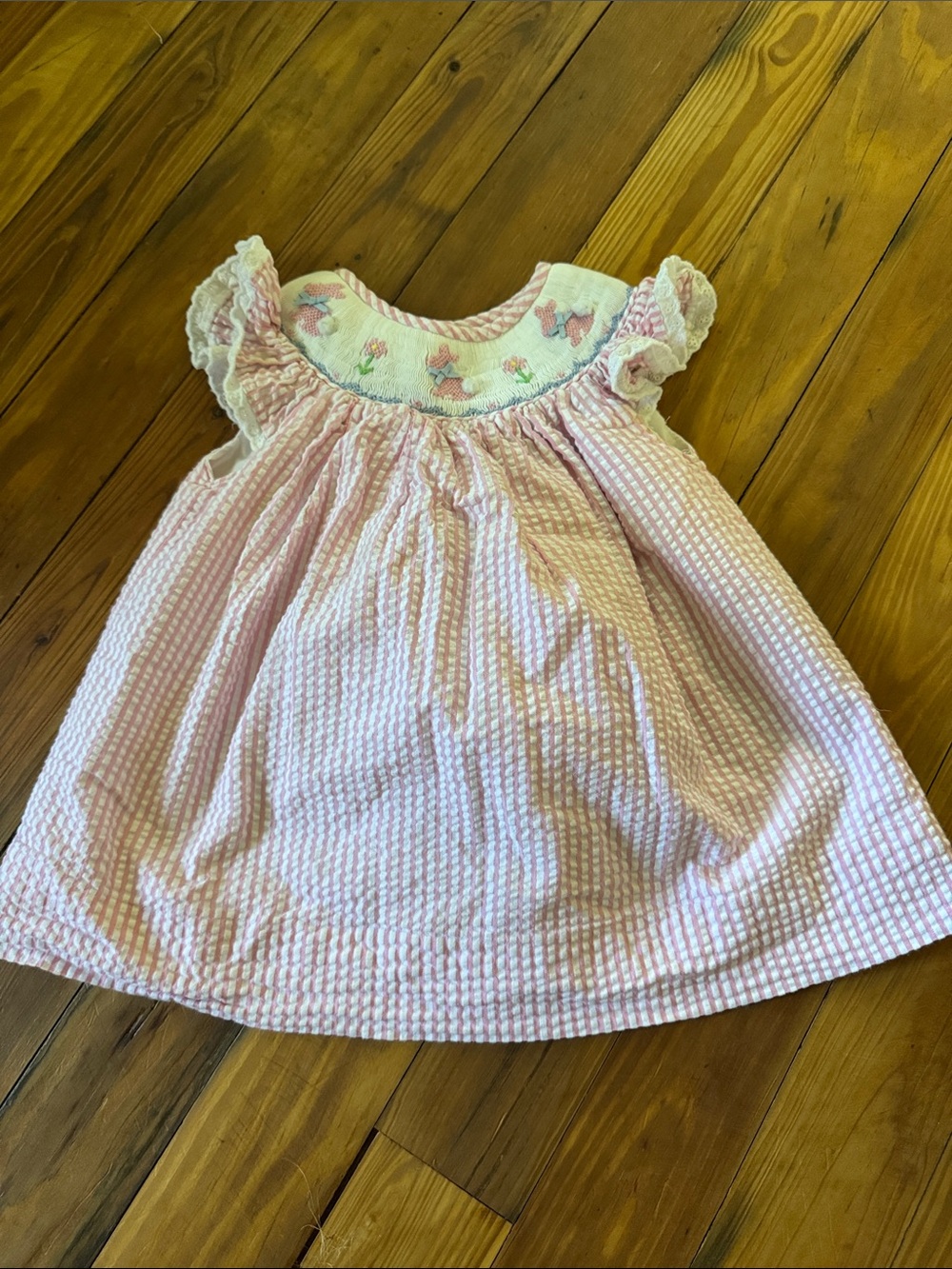 Girls Pink Smocked Seersucker Dress with Bunny Embroidery